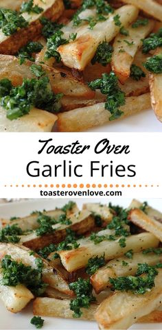 two pictures of garlic fries with parsley on top