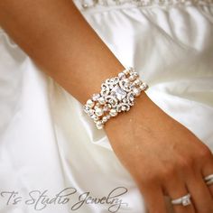 Pearl and Crystal Multi Strand Cuff Bridal Bracelet - by T's Studio Jewelry Exquisite White Wedding Bracelets, Elegant White Bracelets For Marriage, Elegant Adjustable Cuff Bracelet For Wedding, Gold Cuff Bracelet For Wedding, Wedding Cuff Bracelet, Quinceanera Jewelry, Wedding Cuff, Bridal Cuff, Cheap Diamond Rings