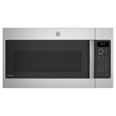 a stainless steel microwave oven with the door open and black knobs on it's side