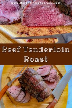 beef tenderloin roast on a cutting board with knife and fork