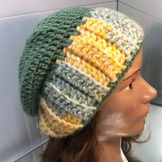 Slouchy Hat New Off The Hook Hand Crochet By Me Size Adult Or Teen 20 To 22 Inches Colors Green Yellow Off-White As Pictured Casual Crochet Hat For Beach In Fall, Casual Crochet Hat For Beach, Casual Adjustable Yellow Beanie, Casual Yellow Adjustable Beanie, Slouchy Crochet Hat For The Beach, Spring Crochet Slouchy Hat, Slouchy Spring Hats One Size, Trendy Yellow One-size Hat, Adjustable Yellow Winter Beanie