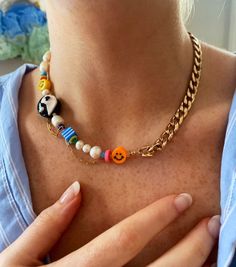 hand made him and yang polymer bead, repurposed chain, rice pearls, gold hardware, smiley face beads. martha calvo, eliou, dannijo vibes Chunky Necklace Diy, Backseat Freestyle, Smiley Face Beads, Clay Bead Necklace, Rice Pearls, Polymer Beads, Rainbow Jewelry, Dope Jewelry, Yin And Yang