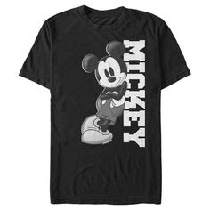 Who knew that dressing "mousey" could be so cute!? Celebrate Walt Disney's most iconic character with this officially licensed Mickey & Friends Black and White Mickey Mouse Men's Tee, featuring Mickey looking cool while leaning against his name. This graphic tee is perfect for the whole family, so grab one for yourself or a loved one today! Black Disney T-shirt For Fan Events, Black Disney Fan Merchandise T-shirt, Disney Black T-shirt With Character Print, Black Mickey Mouse Tops For Disney Events, Black Mickey Mouse Top For Disney Fan Events, Black Disney Character Print T-shirt, Black Mickey Mouse Short Sleeve T-shirt, Black Disney Graphic Tee, Disney Mickey Mouse T-shirt For Streetwear