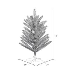 a silver christmas tree on a white stand with measurements for the top and bottom branches