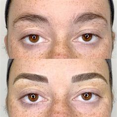 two pictures of the same person's face with brown eyes