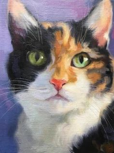 a painting of a cat with green eyes and white whiskers on it's face