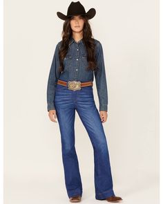 99% cotton / 1% elastane Zip-fly with button closure Western Dark Blue Jeans, Womens Retro Wrangler Jeans, Kimes Ranch Jeans High Rise, Cheap High Rise Jeans With Button Closure, Cheap Classic Jeans With Button Closure, Leather Pants Women Cowboy Boots, Wrangler Texas Jeans, Wide Flare Jeans, Kimes Ranch Jeans