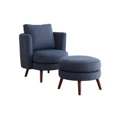 a blue chair and ottoman sitting next to each other