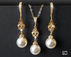 White Dangle Jewelry Sets For Formal Occasions, Gold Dangle Jewelry Sets For Wedding, Gold Dangle Bridal Necklace For Wedding, White Jewelry Sets With Matching Earrings For Wedding, White Dangle Bridal Necklace For Wedding, White Wedding Jewelry Sets With Matching Earrings, Classic White Jewelry Sets For Wedding, White Bridal Necklace With Matching Earrings For Anniversary, Gold Pearl Drop Jewelry Sets For Wedding