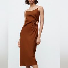 Cut Out Linen Blend Dress Brown Sheath Midi Dress For Date Night, Chic Brown Midi Dress For Cocktail Events, Chic Brown Midi Dress For Cocktail, Spring Brown Fitted Slip Dress, Fitted Brown Slip Dress For Spring, Brown Evening Slip Dress For Spring, Chic Brown Sheath Midi Dress, Casual Brown Dress For Evening, Casual Brown Evening Dress