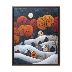 a painting of houses in the snow with trees and moon behind them on a white wall