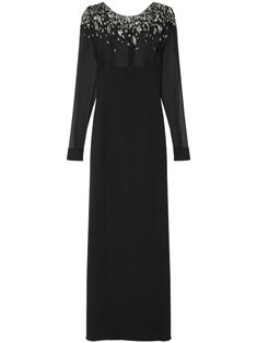 black semi-sheer construction crystal embellishment rear zip fastening round neck long sleeves straight hem long length Embellished Maxi Dress, Maxi Dress Black, Wardrobe Edit, Exclusive Fashion, Crystal Embellishment, Black Maxi Dress, Cocktail Dress Party, Long Length, Denim Dress