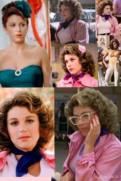 many different pictures of women in pink and blue outfits, including one woman with glasses