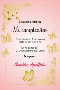 a pink and gold card with butterflies on it's side, in the spanish language