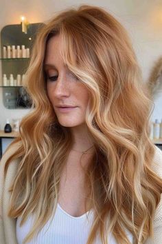 24 Sweetest Strawberry Blonde Balayage Hair Color Ideas Strawberry Blonde Hair Blake Lively, Golden Blonde And Copper Highlights, Dark Roots With Strawberry Blonde Hair, Hair Ideas Redheads, Strawberry Blonde Full Highlights, Autumn Strawberry Blonde Hair, Strawberry Blonde Hair Gloss, Blonde Hair Red Undertones, Ginger Ash Hair