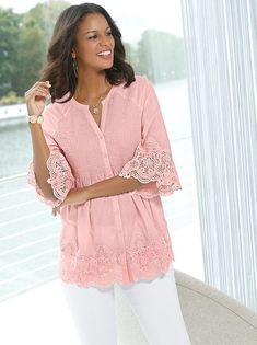 The delicate lace insert on the front hem and on the cuffs of the slightly flared raglan sleeves of this blouse will help it to turn heads! Casual Stretch Blouse With Lace Patchwork, Pink Summer Blouse With Lace Sleeves, Feminine Lace Patchwork Stretch Top, Feminine Stretch Lace Patchwork Top, Feminine V-neck Tops With Lace Collar, Spring Pink Tops With Lace Sleeves, Pink Lace Sleeve Top For Spring, Pink Lace Top With Lace Sleeves For Spring, Pink Lace Trim Blouse