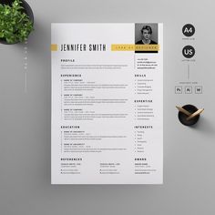 a clean and modern resume template with yellow accents on the cover, next to a potted plant