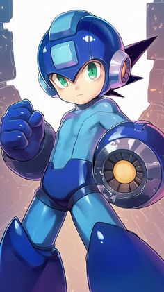 an image of a cartoon character with green eyes and blue hair holding a metal object in his hand