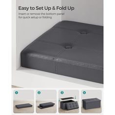 the instructions for how to set up and fold an ottoman bed in a box with storage