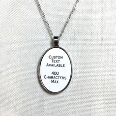 Custom engraved necklace. Able to be engraved with up to 400 characters. Engrave your favourite saying, a memorable quote, daily affirmations, or inside joke!  Comes with an 18 inch chain. Front part of pendant is an engraved plastic. Only available currently in black text and white background. I sadly cannot guarantee that they are nickle free.  SHIPPING INFORMATION Items are generally shipped 3-5 business days after being ordered. If you need your order within a specific timeline, please conta Custom Engraved Necklace, Inside Joke, Engraved Pendant, Memorable Quotes, Inside Jokes, Engraved Necklace, Daily Affirmations, Custom Engraving, Pendant Necklaces