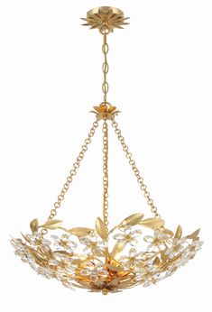 a chandelier hanging from the ceiling with gold leaves and crystal beads on it