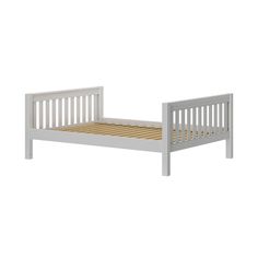 a white bed frame with wooden slats on the top and bottom sides, against a white background