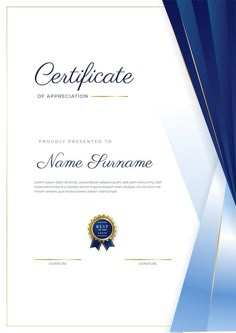 a certificate is shown with blue and white stripes on it's edges, as well as an award ribbon