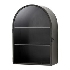 a black book shelf with an arched door and shelves on the front, side view