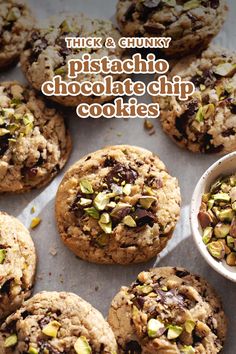 chocolate chip cookies with pistachio chips on top and in the middle, surrounded by other cookies