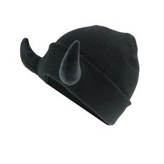 a black beanie hat with horns on the front and side, against a white background