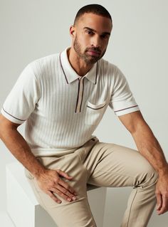 A pullover knitted sweater polo with complimentary contrast stitching at collar, pocket, sleeves, placket and bottom hem. Dress it up with a tailored jacked or keep it casual as you wear it solo. Details Models is 6'1" and wears a size medium. Care: Machine wash cold, on delicate cycle, do not tumble dry, do not iron, dry flat, do not dry clean Composition: 40% Viscose | 30% Re-Polyester | 30% Nylon | 7DIAMONDS Men's Enzo Sweater Polo Shirt in Ivory | Size Medium | Polyester/Nylon Cas Outfits, White Polo Men, Christmas Outfit Men, Resort Swimwear, Polo Tshirts, Polo Shirt Outfits, Polo Outfit, Couples Outfit, Jersey Sweater