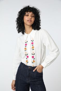 cream Patch Blouse, Scalloped Collar, Flower Patch, Embroidered Blouse, Cuff Sleeves, Fitted Bodice, Just In Time, Embroidered Flowers, Pansies