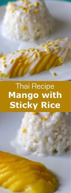 mango rice with sticky rice on a white plate