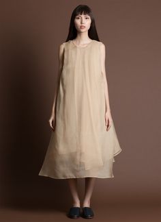 KAAREM - Lat Sleeveless Pleated Organza Dress - Cream Sleeveless Silk Chiffon Dress, Chic Silk Pleated Dress, Beige Sheer Silk Dress, Spring Silk Dress With Overlay, Silk Dresses With Folds, Sheer Sleeveless Silk Chiffon Dress, Elegant Sleeveless Silk Pleated Dress, Sheer Draped Summer Dress, Summer Organza Dress With Overlay