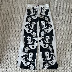 Edikted Face Off Printed Jeans Size Small Black And White Never Worn Graphic Print White Bottoms For Fall, White Graphic Print Bottoms For Fall, Fall White Bottoms With Graphic Print, Painted Pants, Black Leather Jeans, White Flared Jeans, Cream Jeans, Sale Ideas, White Distressed Jeans