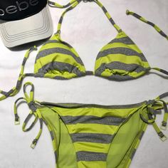 Bikini Lab Neon Yellow And Silver Grey Metallic Stripe Bikini Triangle Top With Pad Inserts Like New Never Worn I Did Remove The Tags Then Decided To Wear Something Else. I Have Too Many Bikini’s Lol Large Neon Yellow Swimwear For Summer Party, Neon Yellow Party Swimwear For Summer, Summer Party Neon Yellow Swimwear, Summer Party Striped Swimwear, Neon Yellow Triangle Top Swimwear For Pool, Yellow Party Swimwear For Beach Season, Yellow Summer Party Swimwear, Yellow Fitted Tie-side Swimwear Bottom, Yellow Fitted Tie-side Swimwear