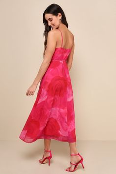 The Lulus Radiant Perfection Hot Pink Floral Print Wrap Midi Dress will make you the most gorgeous babe in any room! Lightweight woven fabric, with a bold rose floral print, shapes this event-worthy dress with adjustable spaghetti straps, a surplice neckline, and a seamed bodice. A slender waist tie and an internal tie secure at the side above a flowing A-line skirt that finishes at a midi hem. Fit: This garment fits true to size. Length: Mid-calf length. Size medium measures 45.5" from adjustab White Midi Dresses, Hot Pink Floral, Midi Dress Formal, White Midi, Surplice Neckline, Wrap Midi Dress, Pink Floral Print, Grad Dresses, Midi Cocktail Dress