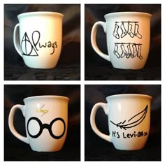 four harry potter mugs with their names on them