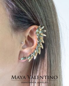 "Ear Cuff earrings, Gray earrings, Ear cuff, Ear climber, Ear warp, Statement earrings, Cuff earrings, Ear jacket, Boho earrings, Gift for her Beautiful ear cuff that upgrades your special day, and gets many compliments guaranteed, Design & Made By Maya Valentino & Co. with love and sparkling crystal from Swarovski. Available in a lot of plating & crystal colors. 💜Left or right option automatically comes in another side similar stud earring 💜Pair means two big ear cuffs as shown in Crystal Earrings Swarovski, Climbing Earrings, Black Crystal Earrings, Crystal Ear Cuff, Silver Ear Climbers, Crystal Colors, Ear Cuff Earrings, Ear Crawler Earrings, Cuff Design