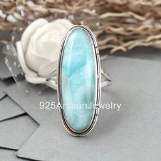 Big Gemstone Ring * Long Larimar Ring * Sterling Silver Ring * 925 Oxidized Ring *  Blue Stone Ring * Bridal Ring * Wedding Ring * ETSY Sale Specifics Material : Sterling Silver & Gemstone Metal : 925 Sterling Silver Style : Ring Stone Detail : Natural Larimar Size : 10x30 mm Shape : Oval Ring Size - All Size Available Weight : 7.5  Gram Approx Important Information :- * Please contact us for Bulk orders for Amount US$ 500 or for more discounts. * Express Shipping available for extra charge. ### Elegant Blue Larimar Turquoise Ring, Elegant Blue Larimar Rings, Blue Larimar Opal Ring, Silver Larimar Turquoise Ring For Anniversary, Silver Turquoise Larimar Ring For Anniversary, Larimar Turquoise Gemstone Ring For Anniversary, Anniversary Silver Turquoise Larimar Ring, Anniversary Turquoise Larimar Ring In Silver, Larimar Gemstone Jewelry For Wedding