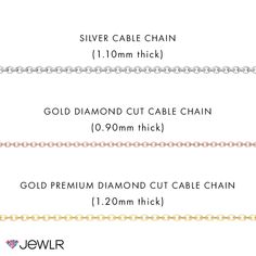 the gold diamond cut cable chain is shown in three different sizes and widths, along with