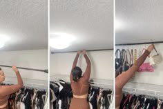 a woman is trying to hang her clothes in the closet and she's doing it