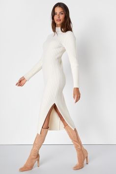 Ivory Midi Sweater Dress - Eyelash Knit Dress - Mock Neck Dress - Lulus Plush Dress, Solid Midi Dress, White Sweater Dress, Midi Sweater Dress, Hugging Silhouette, Fitted Sleeves, Lulu Fashion, Mock Neck Dress, Ribbed Dress