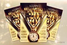 three new year's eve party flyer templates with gold clock and fireworks in the background