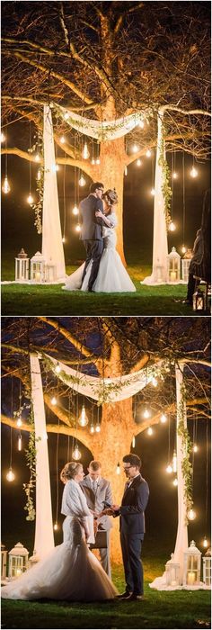 the bride and groom are getting married in front of an illuminated tree at their wedding