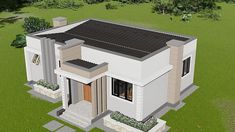 an artist's rendering of a modern house in the middle of a green field