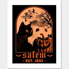 a black cat sitting in front of a pumpkin with bats and the words salem est 1932