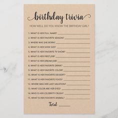 a birthday trivia card with the words, how well do you know the birthday girl?