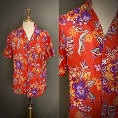 *Item Details* Era- 1970's Brand- A Maximo California Design Size- XL Color- Red with purple hibiscus flowers Condition- Excellent condition with no holes or stains My favorite of my Hawaiian shirts. It's very thin and light with a great print and such a classic vintage style. *Measurements taken while flat and doubled for the chest.* - Shoulders- 20 inches across - Chest- 46 inches - Sleeve Length- 9 inches - Length- 31 inches Purple Hibiscus Flower, Red Hawaiian Shirt, Hibiscus Flower Print, Guava Tree, Purple Hibiscus, Hibiscus Print, Classic Vintage Style, Blue Long Sleeve Dress, Vintage Hawaii