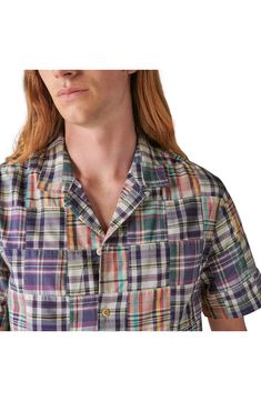 Patches of colorful plaid form an eye-catching design on this short-sleeve button-up shirt inspired by vintage workwear styles. Notched collar Short sleeves 100% cotton Machine wash, tumble dry Imported Plaid Relaxed Fit Short Sleeve Button-up Shirt, Relaxed Fit Plaid Short Sleeve Button-up Shirt, Casual Plaid Shirt With Patch Pockets, Plaid Short Sleeve Cotton Flannel Shirt, Plaid Short Sleeve Camp Shirt With Relaxed Fit, Plaid Cotton Short Sleeve Shirt With Button Closure, Plaid Cotton Tops With Patch Pockets, Plaid Cotton Flannel Shirt With Short Sleeves, Summer Cotton Flannel Shirt With Button Closure